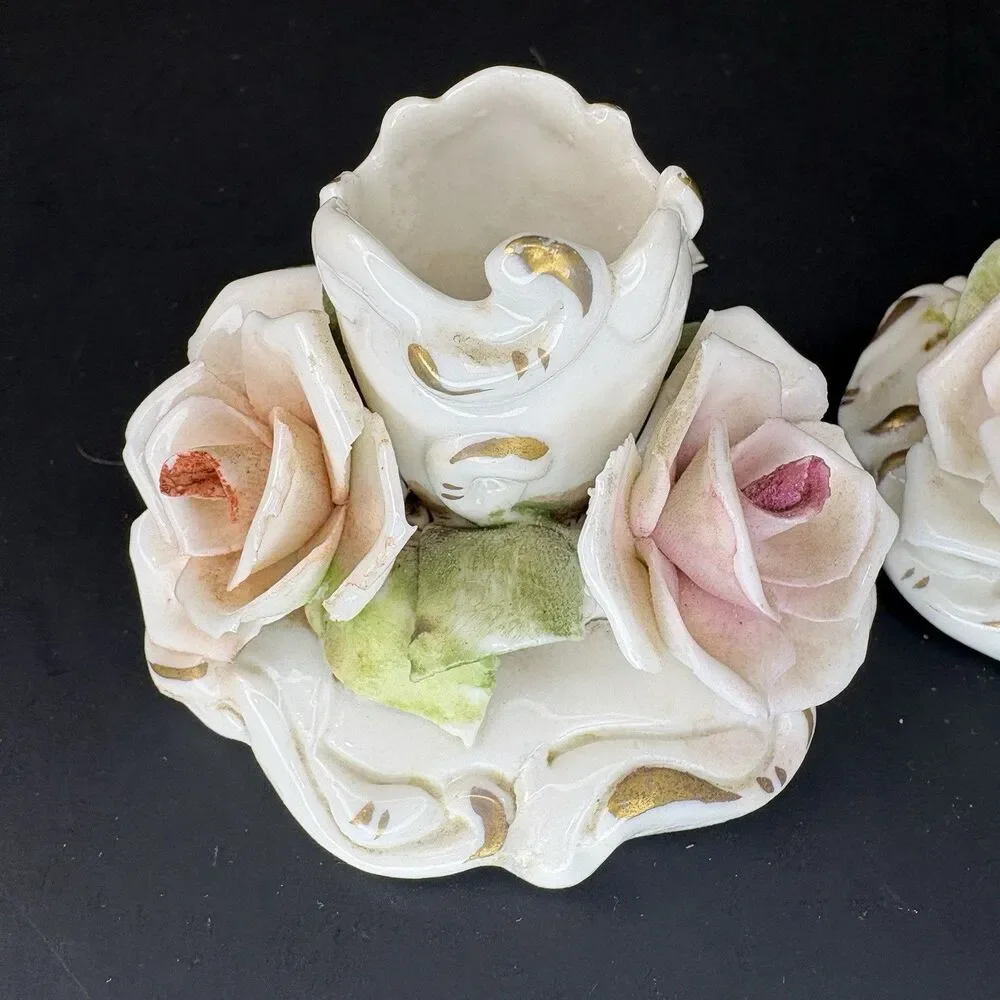Antique Capodimonte Candle Holders Italian Applied Floral 3